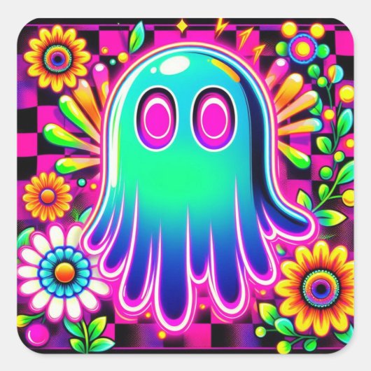 Neon Floral Retro Ghost Halloween Vierkante Sticker (Voorkant)