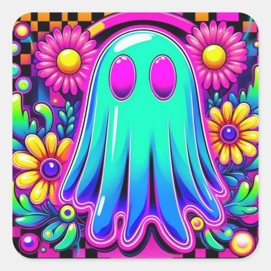 Neon Floral Retro Ghost Halloween Vierkante Sticker (Voorkant)
