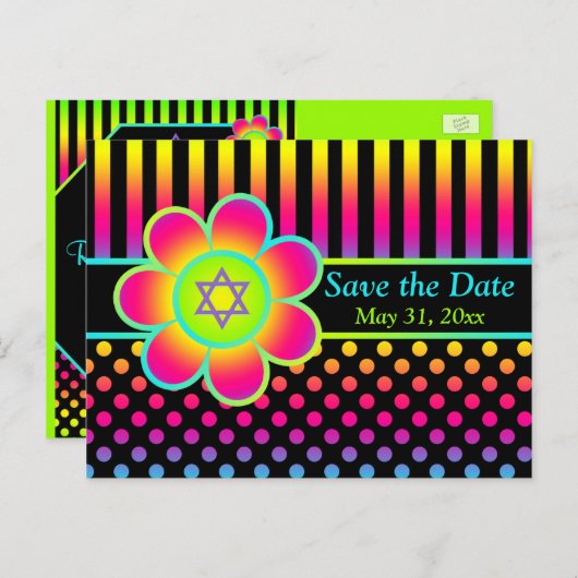 Neon Floral Stripes Bat Mitswa Save the Date Kaart (Voorkant / Achterkant)