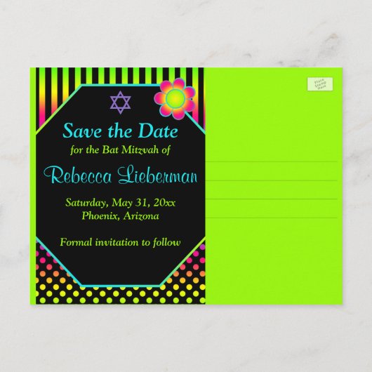 Neon Floral Stripes Bat Mitswa Save the Date Kaart (Achterkant)