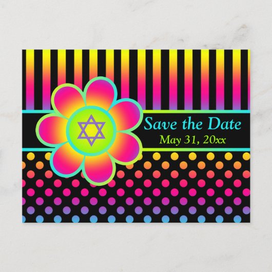 Neon Floral Stripes Bat Mitswa Save the Date Kaart (Voorkant)