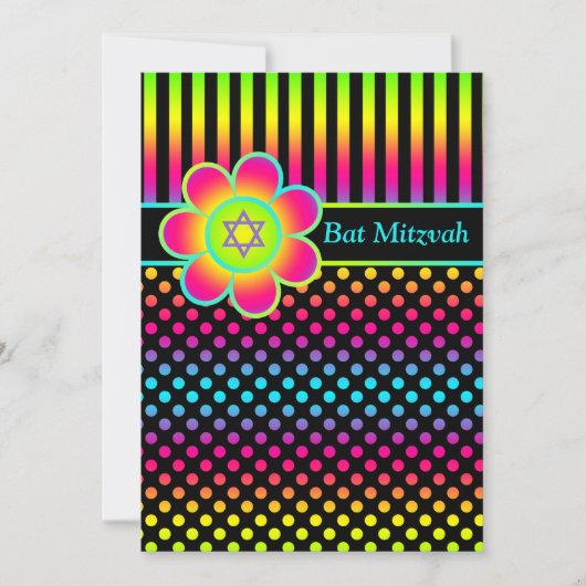 Neon Floral Stripes, Polka Dots Bat Mitzvah Invite Kaart (Voorkant)