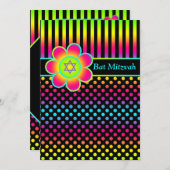 Neon Floral Stripes, Polka Dots Bat Mitzvah Invite Kaart (Voorkant / Achterkant)
