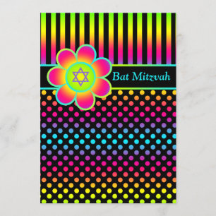Neon Floral Stripes, Polka Dots Bat Mitzvah Invite Kaart