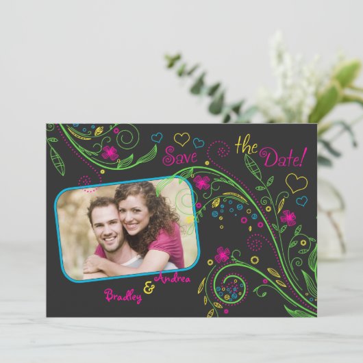 Neon Floral Wedding Photo Save the Date Kaart (Staand voorkant)