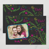 Neon Floral Wedding Photo Save the Date Kaart (Voorkant / Achterkant)