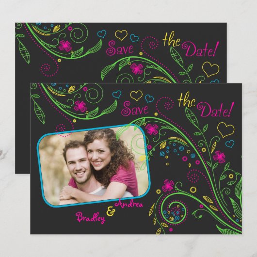 Neon Floral Wedding Photo Save the Date Kaart (Voorkant / Achterkant)