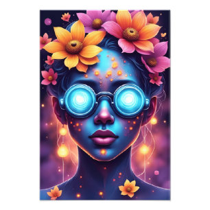 Neon Flower Goddess – Futuristisch fantasieportret Foto Afdruk