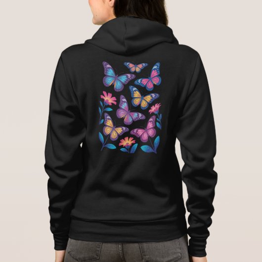Neon Flowers with Six Glowing Butterflies Hoodie (Achterkant)