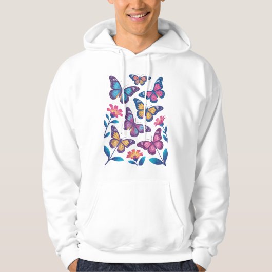 Neon Flowers with Six Glowing Butterflies Hoodie (Voorkant)
