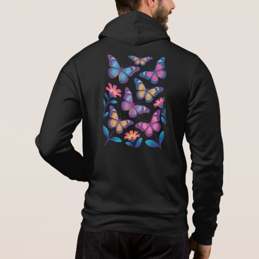 Neon Flowers with Six Glowing Butterflies Hoodie (Achterkant)