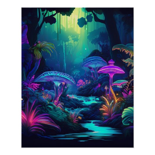 Neon Forest en gloeiende paddenstoelen Fantasy Art Perfect Poster (Voorkant)