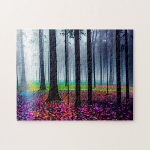 Neon Forest Floor met Silhouetted Trees Legpuzzel