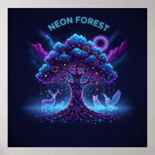 Neon Forest – Glowing Tree & Luminous Animals Post Poster (Voorkant)