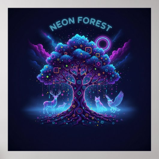Neon Forest – Glowing Tree & Luminous Animals  Poster (Voorkant)