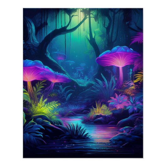 Neon Forest met gloeiende paddenstoelen en Planten Perfect Poster (Voorkant)