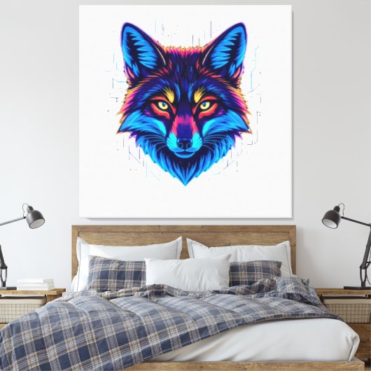 Neon Fox Face – Vibrant Glowing Design Canvas Afdruk (Insitu (Slaapkamer))