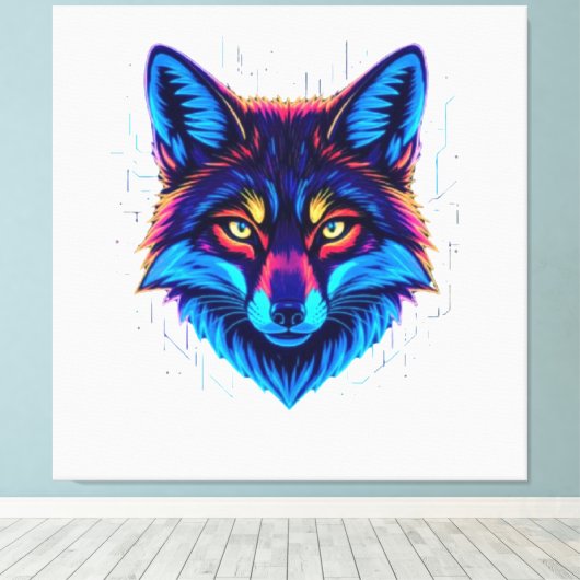 Neon Fox Face – Vibrant Glowing Design Canvas Afdruk (Insitu (Houten vloer))