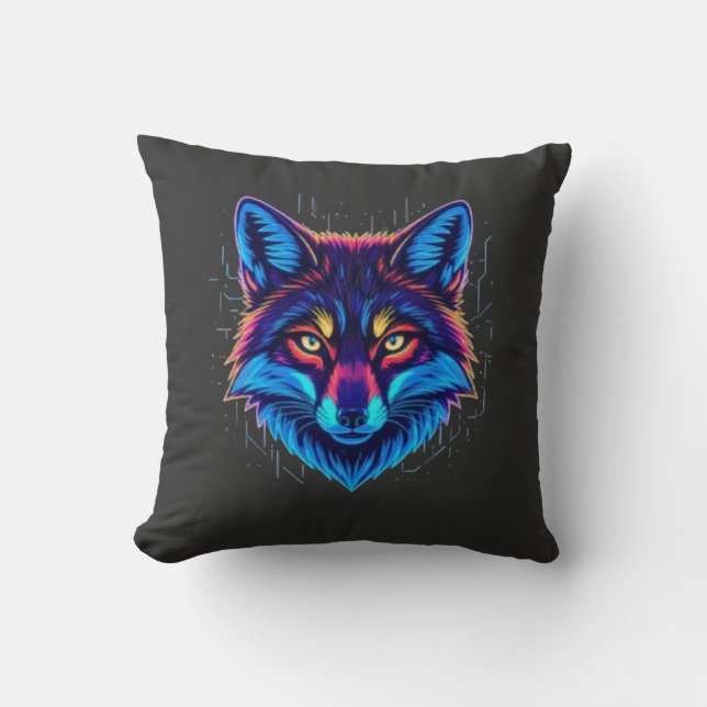 Neon Fox Face – Vibrant Glowing Design Kussen (Voorkant)