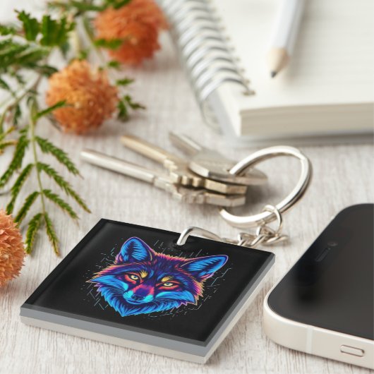 Neon Fox Face – Vibrant Glowing Design Sleutelhanger (Voorkant Rechts)