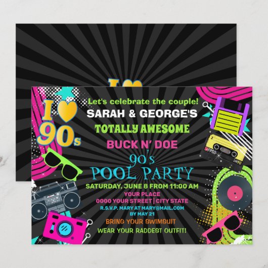 Neon Fun Koppels Totaal Geweldig 90s Pool Party Kaart (Voorkant / Achterkant)