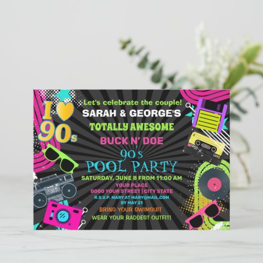 Neon Fun Koppels Totally Awesome 90s Poolparty Kaart (Staand voorkant)