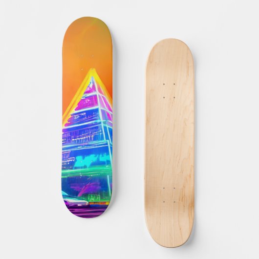 Neon Futuristic hologram Pyramide in Moderne Stad Persoonlijk Skateboard (Voorkant)