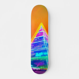 Neon Futuristic hologram Pyramide in Moderne Stad Persoonlijk Skateboard