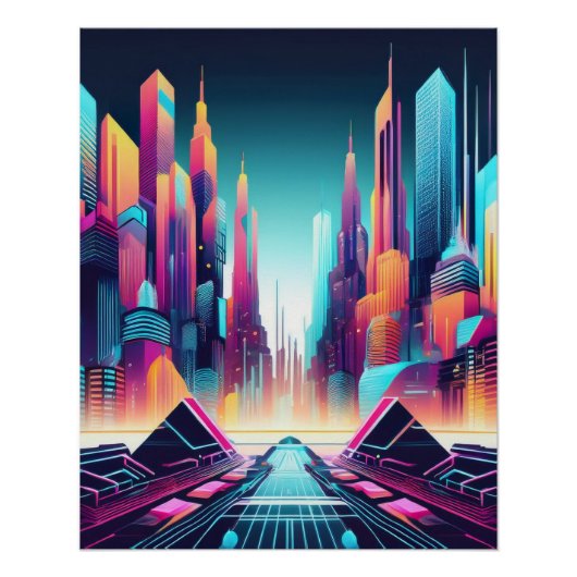 Neon Futuristische Cyber City Art Perfect Poster (Voorkant)