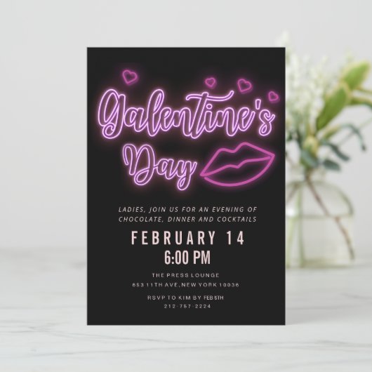 Neon Galentine's Day Lips Invitation Kaart (Staand voorkant)