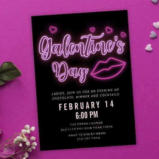 Neon Galentine's Day Lips Invitation Kaart