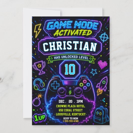 Neon Game Mode Geactiveerd Gamer Verjaardagsfeestj Kaart (Voorkant)
