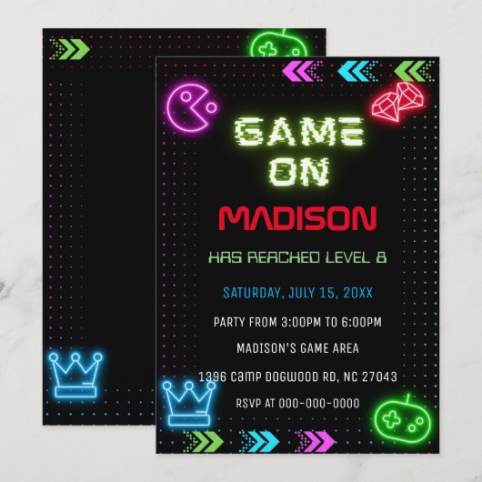Neon Game Verjaardag uitnodiging (Voorkant / Achterkant)