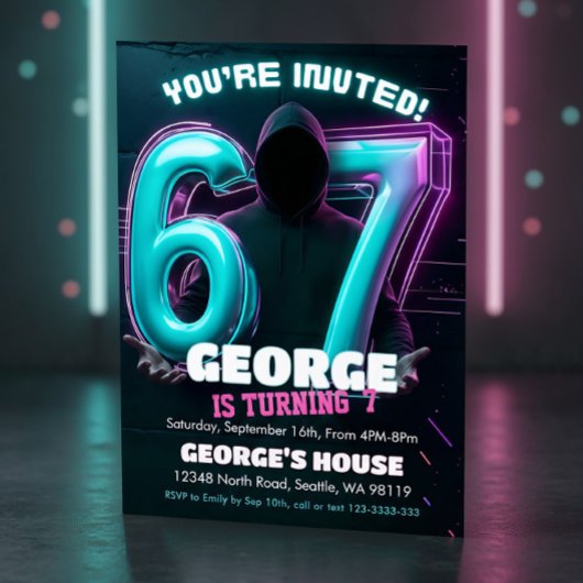 Neon Gamer 7th Birthday Invitation Kaart