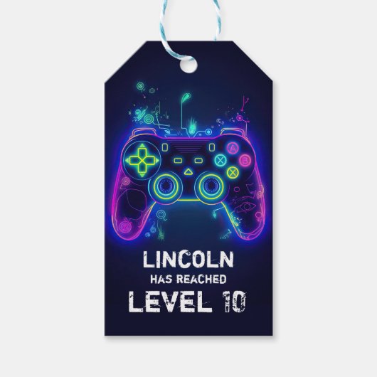 Neon Gamer Arcade Video Game Level op zaterdag Cadeaulabel (Voorkant)