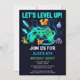 Neon Gamer Birthday Invitation Editable Template Kaart