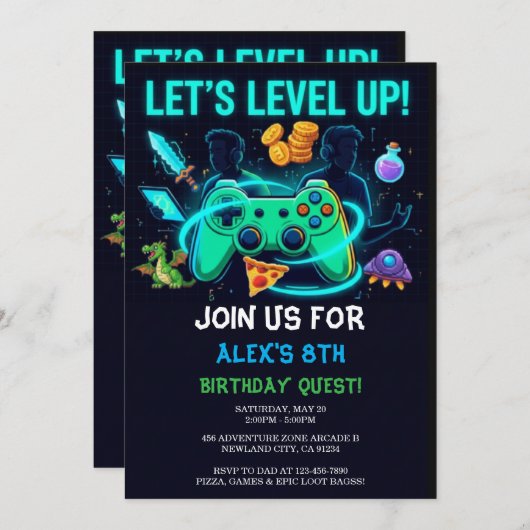 Neon Gamer Birthday Invitation Editable Template Kaart (Voorkant / Achterkant)