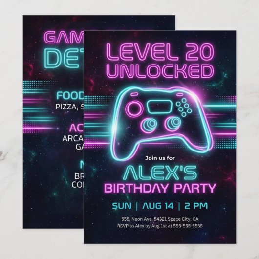 Neon Gamer Birthday Invitation Game for Teen Boy  Kaart (Voorkant / Achterkant)