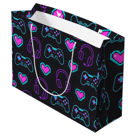 Neon Gamer Controller and Hearts Pattern Groot Cadeauzakje (Achterkant Gekanteld)