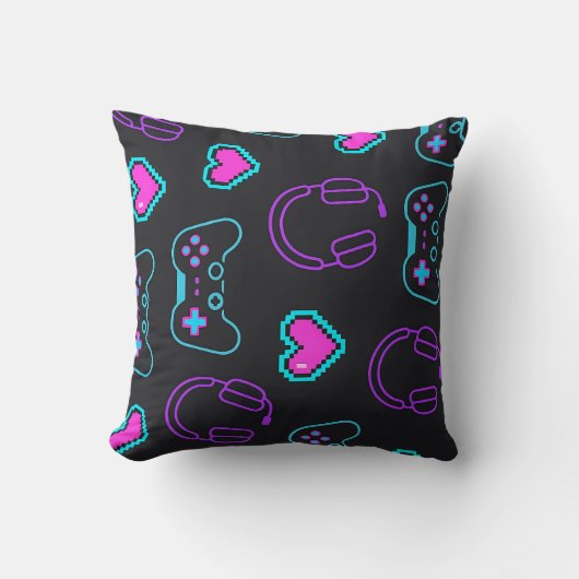 Neon Gamer Controller and Hearts Pattern Kussen (Voorkant)