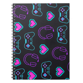 Neon Gamer Controller and Hearts Pattern Notitieboek