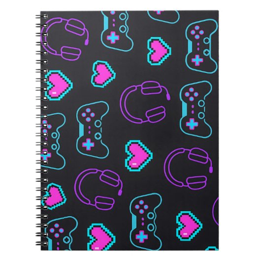 Neon Gamer Controller and Hearts Pattern Notitieboek (Voorkant)