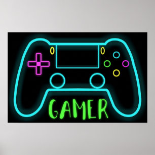 Neon gamer controller neonkleuren poster