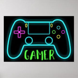 Neon gamer controller neonkleuren poster