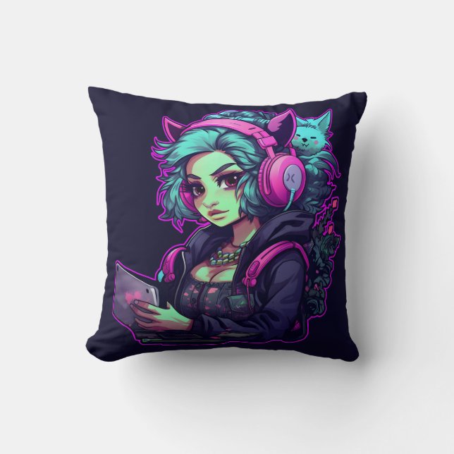 Neon gamer meisje kussen (Voorkant)