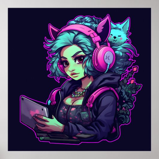 Neon gamer meisje poster (Voorkant)