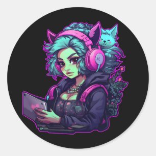Neon gamer meisje ronde sticker