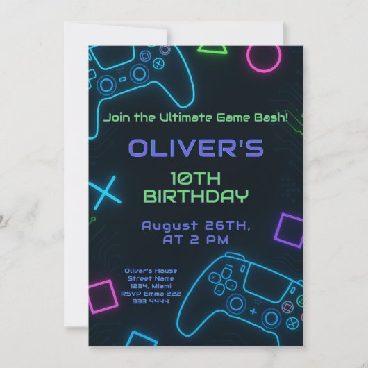 Neon Gamer Party - Verjaardag van het videospel Kaart (Voorkant)