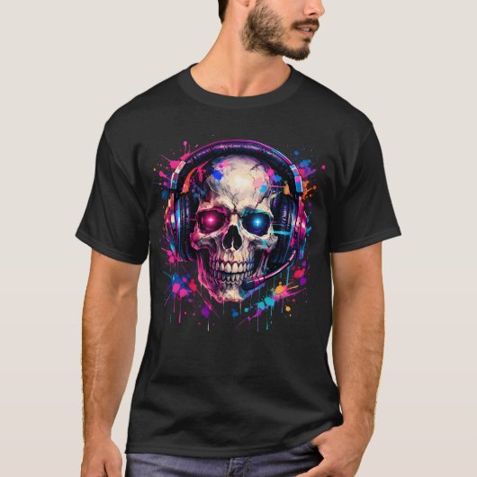 Neon Gamer Schedel Graffiti Verfspatten T-Shirt (Voorkant)