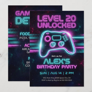 Neon gamer verjaardagsuitnodiging spel voor tiener kaart